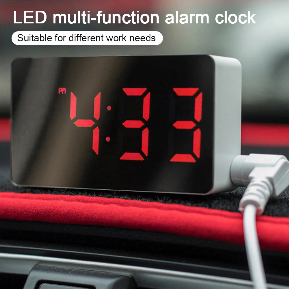 LED Digital Mirror Alarm Clock Mini Clock Multifunctional Snooze Display Time Night LCD Light Table Desktop USB 5v/No Battery