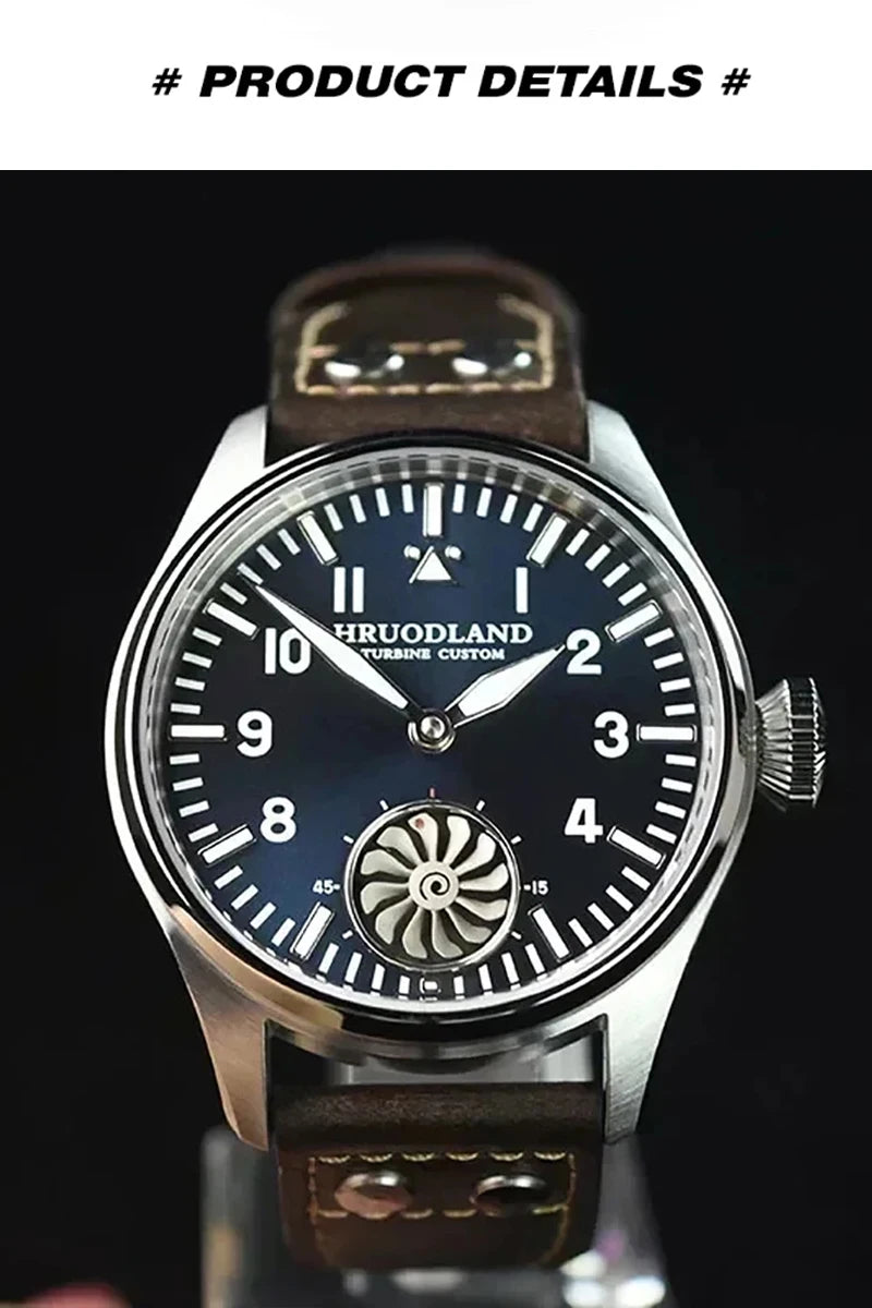 Hruodland 43mm Pilot Men's Manual Mechanical Watch Sapphire Crystal BGW-9 Night Light Turbine Retro Waterproof 5Bar reloj hombre