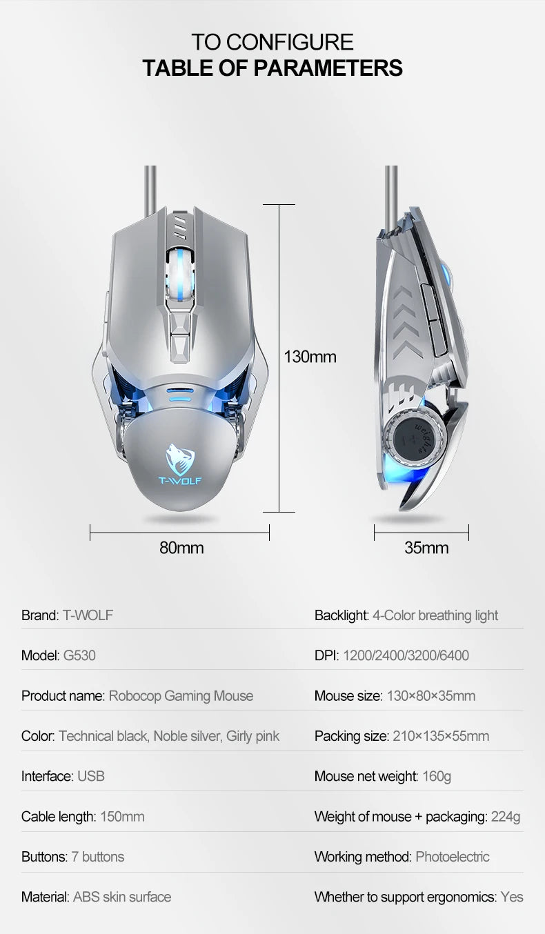 T-WOLF  Mechanical  Gaming Mouse Mechanical Esports Game Wired Backlit Mouse Laptop Suitable for Metal Rollers