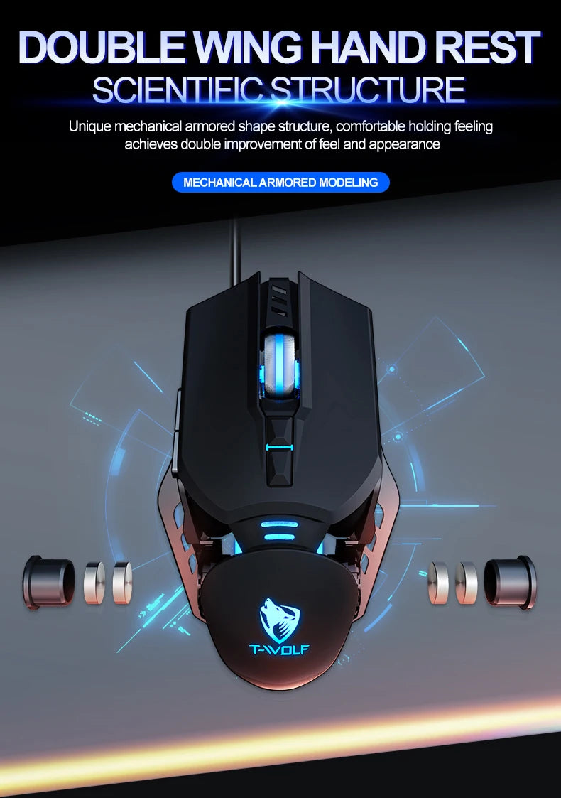 T-WOLF  Mechanical  Gaming Mouse Mechanical Esports Game Wired Backlit Mouse Laptop Suitable for Metal Rollers