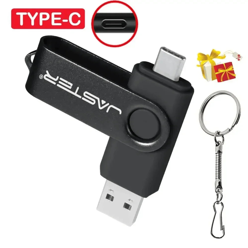 JASTER TYPE-C High Speed USB Flash Drive 128GB 64GB Black Rotatable Pen Drive with Keychain Memory Stick 2 in 1 Business Gift