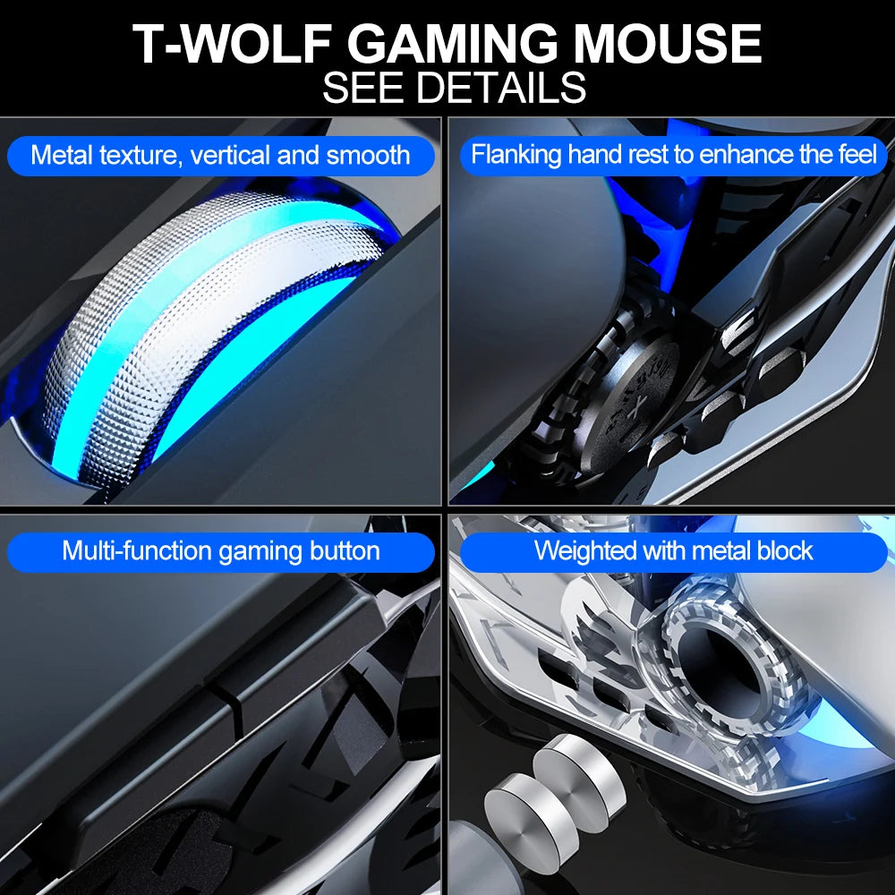 T-WOLF  Mechanical  Gaming Mouse Mechanical Esports Game Wired Backlit Mouse Laptop Suitable for Metal Rollers