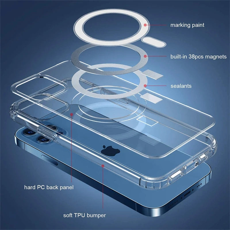 Clear Phone Case For iPhone 11 12 13 14 15 Pro Max For Magsafe Magnetic Wireless Charging Magsafe Case 7 8 XR XsMax Cover Case