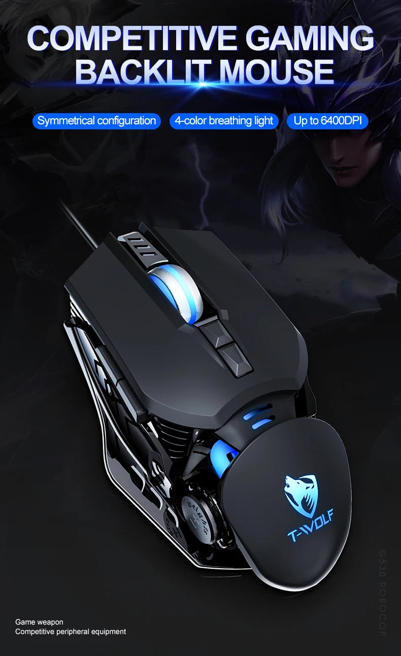 T-WOLF  Mechanical  Gaming Mouse Mechanical Esports Game Wired Backlit Mouse Laptop Suitable for Metal Rollers